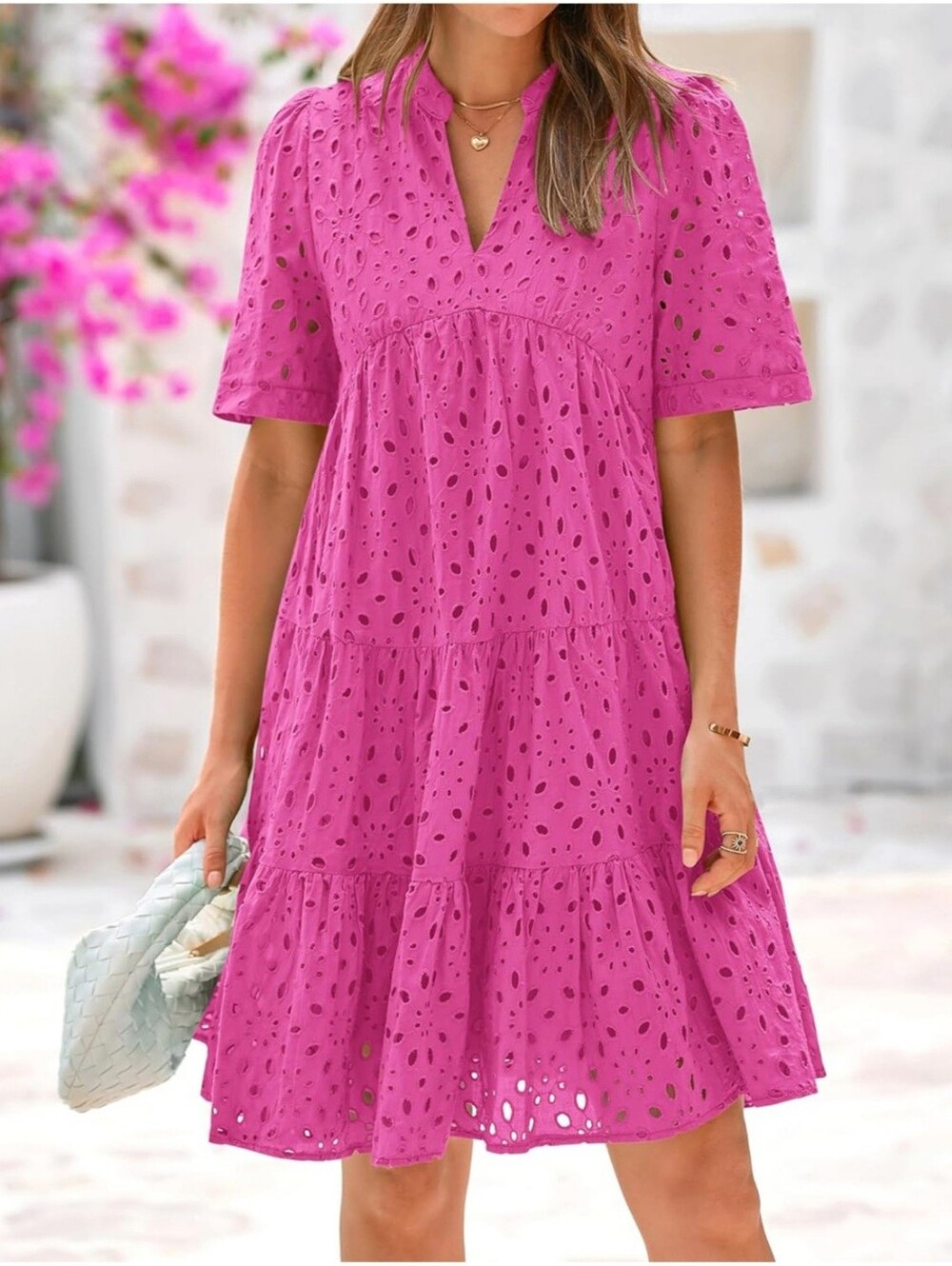 Women's Pink Embroidered Eyelet Lace Tiered Babydoll Dress- Full & Plus Sizes - Picture 3 of 9